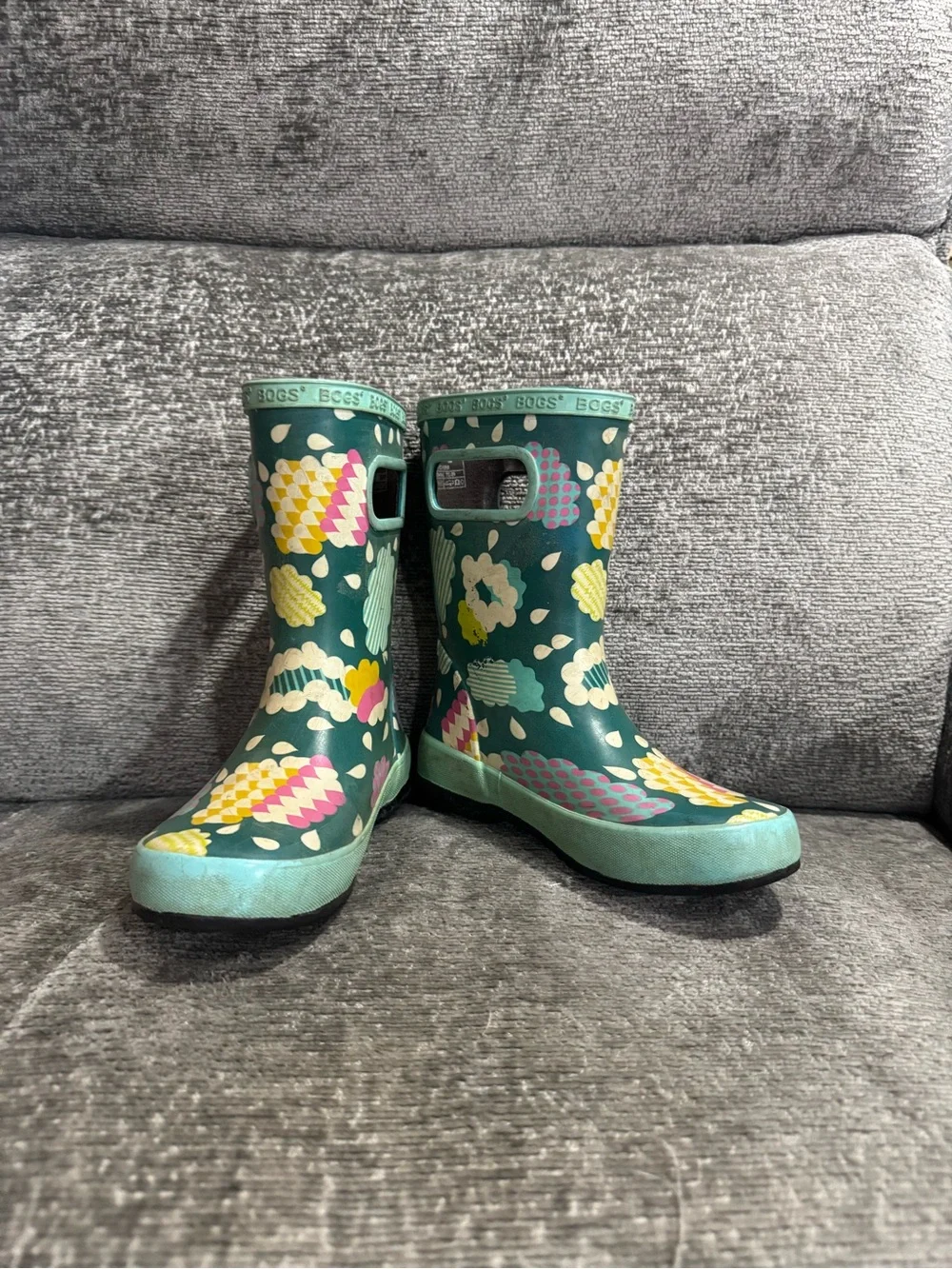 Bogs Kids Teal Abstract Pattern Rain Boots with Mint Trim Size 13